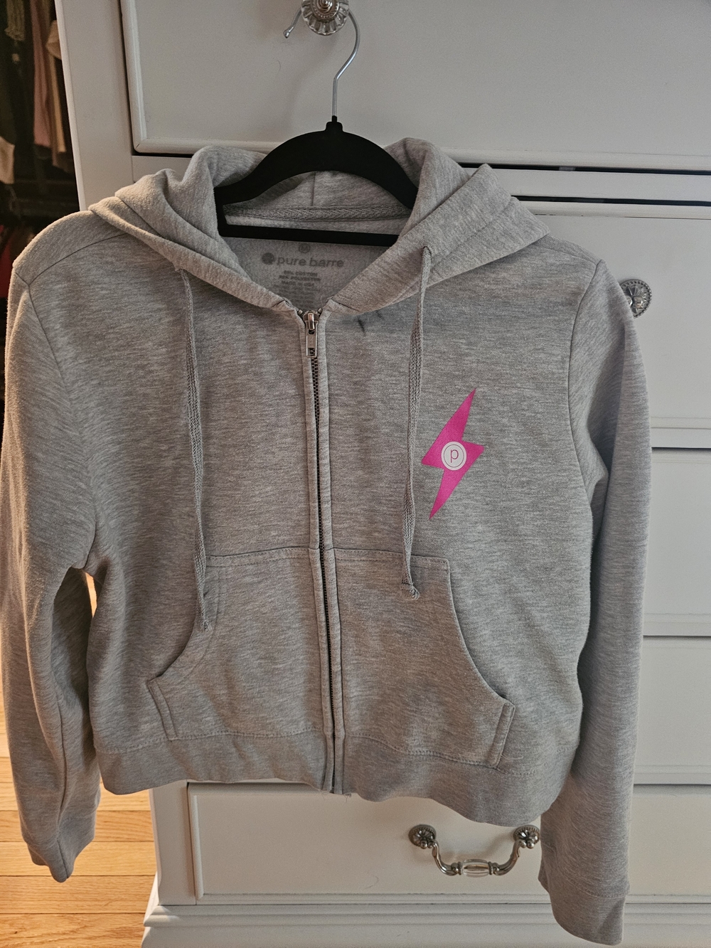 Pure Barre Gray Zip Hoodie with Pink Lightning Logo